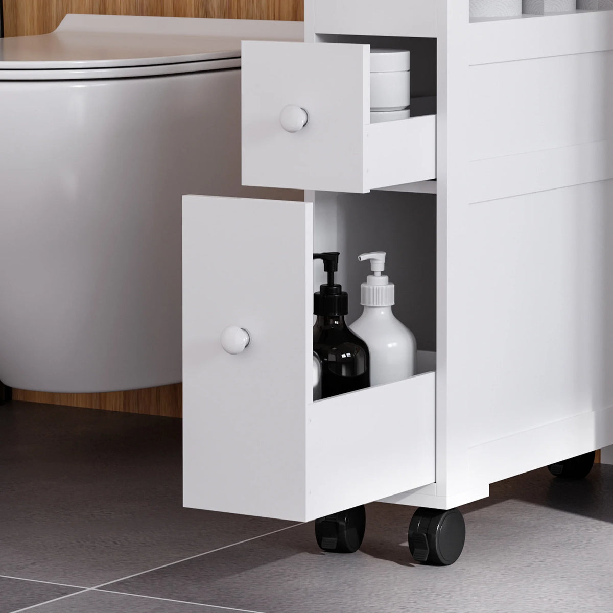 HOMCOM 6.25" x 20.5" x 28.25" Wood Rolling Narrow Bathroom Side Storage Cabinet - White