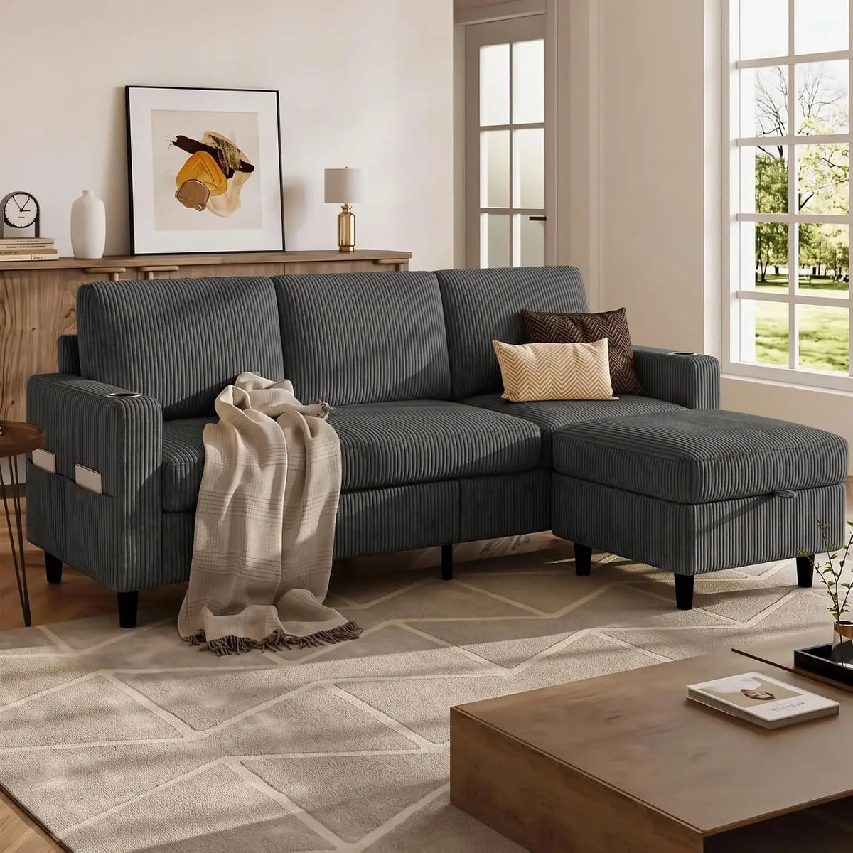 Convertible Sectional Couches for Living Room, 3 Seats L Shaped Sofa with Storage Ottoman & 2 Cup Holders, Modern, Custom