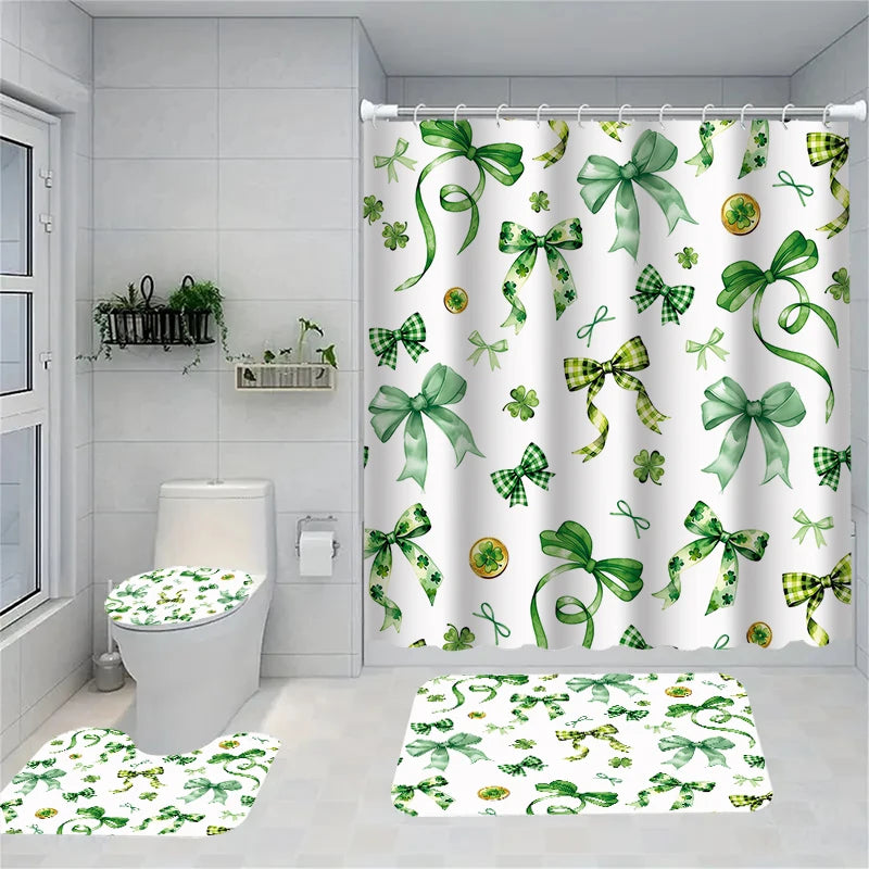 4-piece Green bow shower curtain set, toilet seat decoration, shower curtain with carpet and toilet lid, 12 70.8x70.8 inch