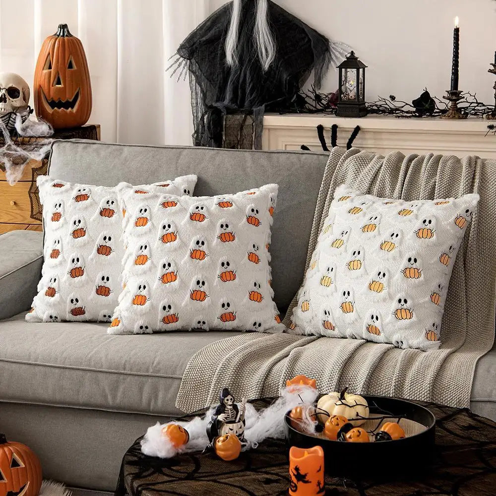Ghost Pumpkin Plush Faux Fur Pillow Covers Soft Halloween Decor for Sofa Couch Bed Living Room White Orange Pillowcases 45x45CM