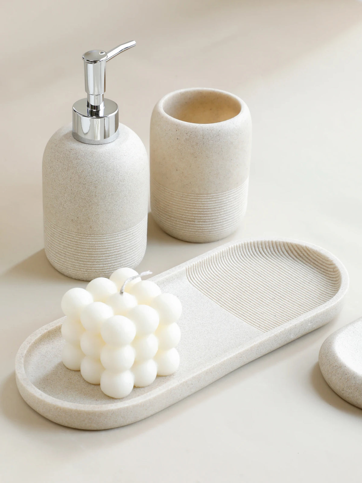5Pcs Bathroom Accessories set  Lotion Dispenser Toothbrush Holder Tray Tumbler Cup Soap Dish Beige and Grey