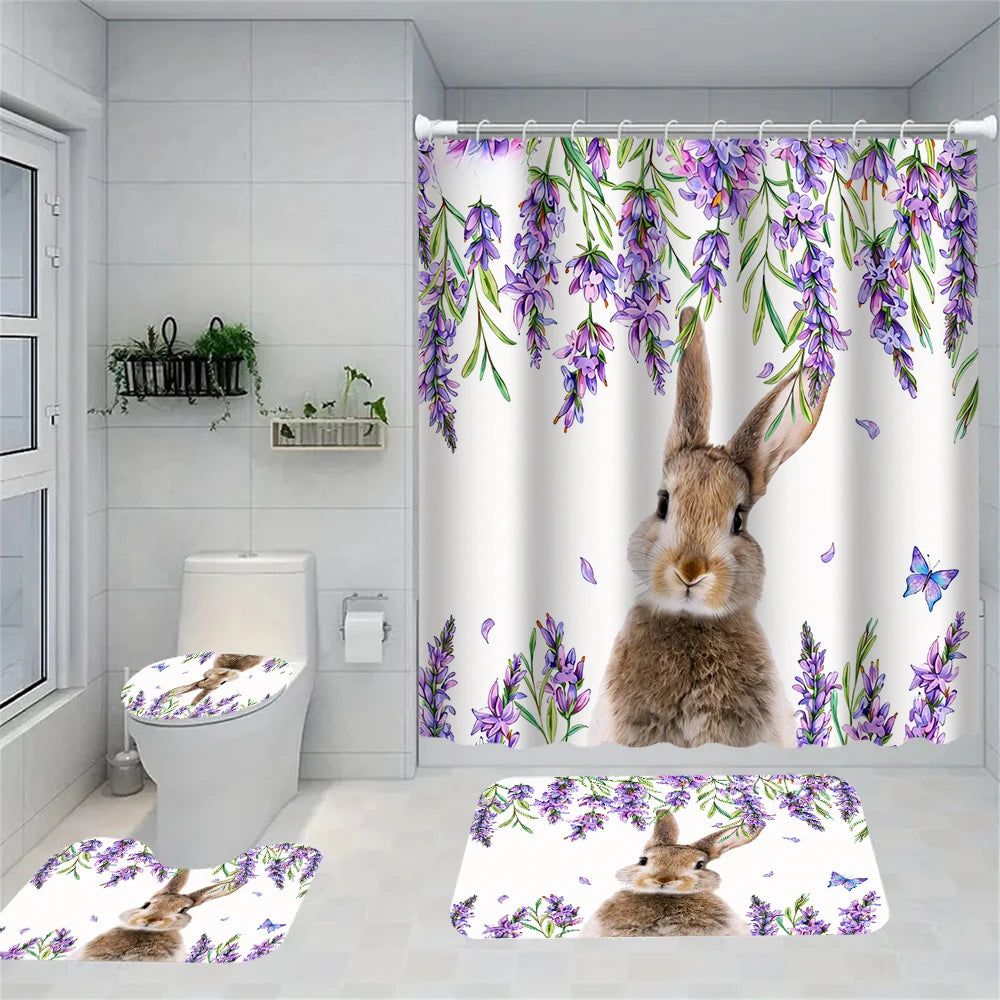 4/1 Easter Bunny shower curtain set, toilet seat decoration, shower curtain with carpet and toilet lid, size 70.8x70.8 in