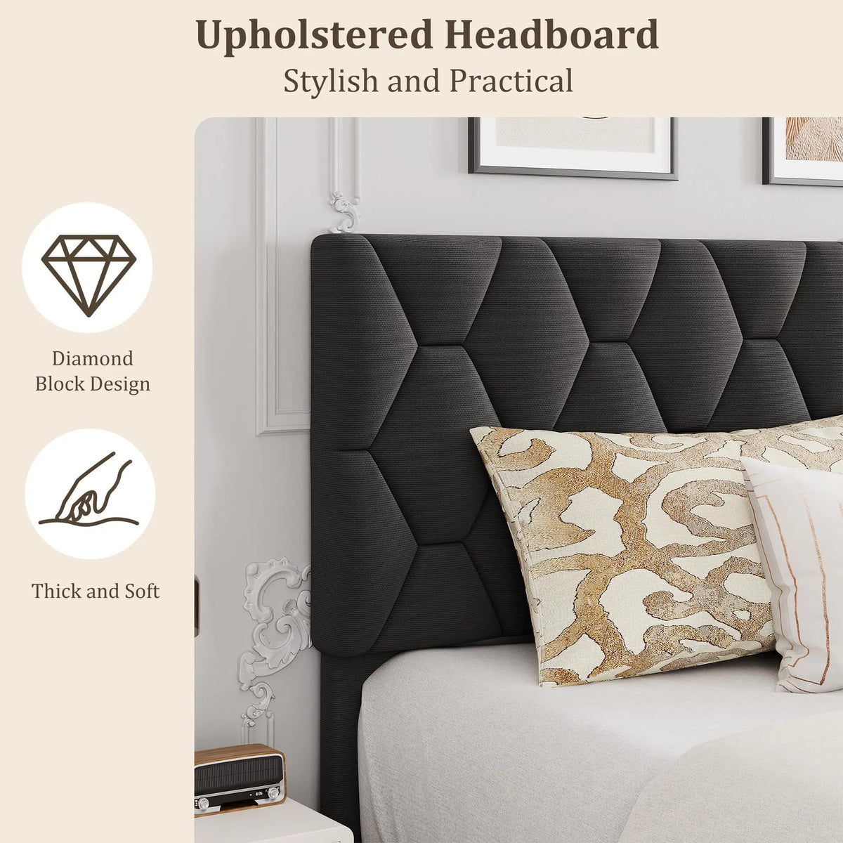 Noise-Free Upholstered Platform Bed Frame with Fabric Headboard - Heavy-Duty Slat Support, Non-Slip, No Box Spring Needed, Easy Assembly - KING Grey