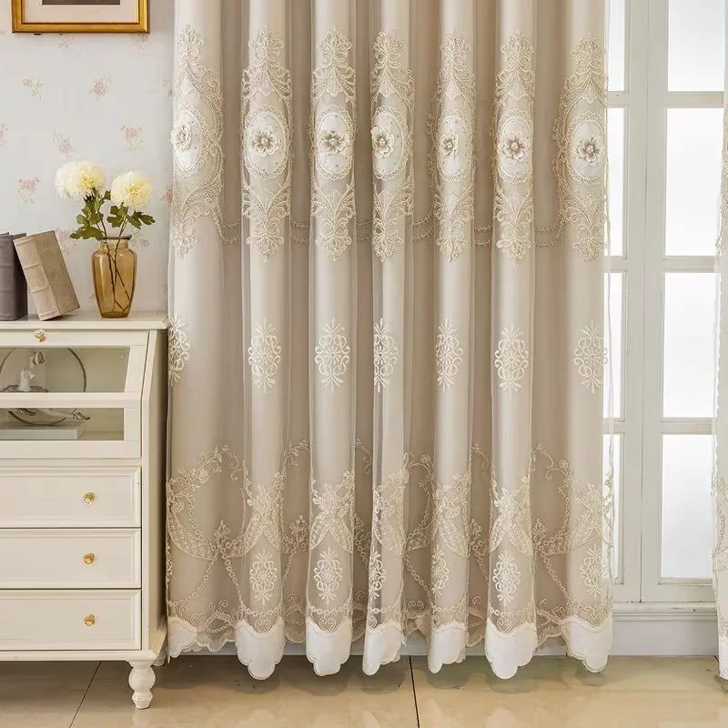 1pc Double Layer Curtain with Sheer Fabric,French Lace Embroidery,Modern Minimalist Design,Ideal for Living Room & Bedroom Decor