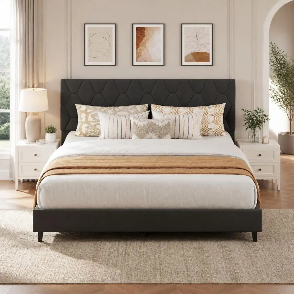 Noise-Free Upholstered Platform Bed Frame with Fabric Headboard - Heavy-Duty Slat Support, Non-Slip, No Box Spring Needed, Easy Assembly - KING Grey