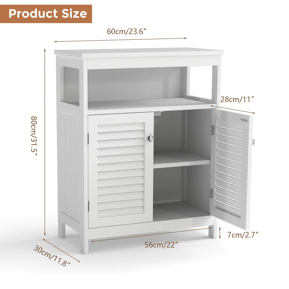 Bathroom Storage Cabinet White Waterproof Wooden Freestanding Cabinet with Removable Shelf Shutter Doors for Home Hotel