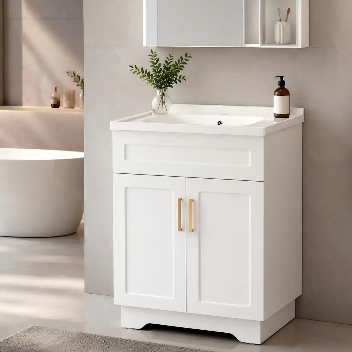 Bathroom Vanity with Ceramic Sink, Bathroom Vanity Cabinet with 2 Doors, 24 Inches Wooden Cabinet with Sink, White, Customized