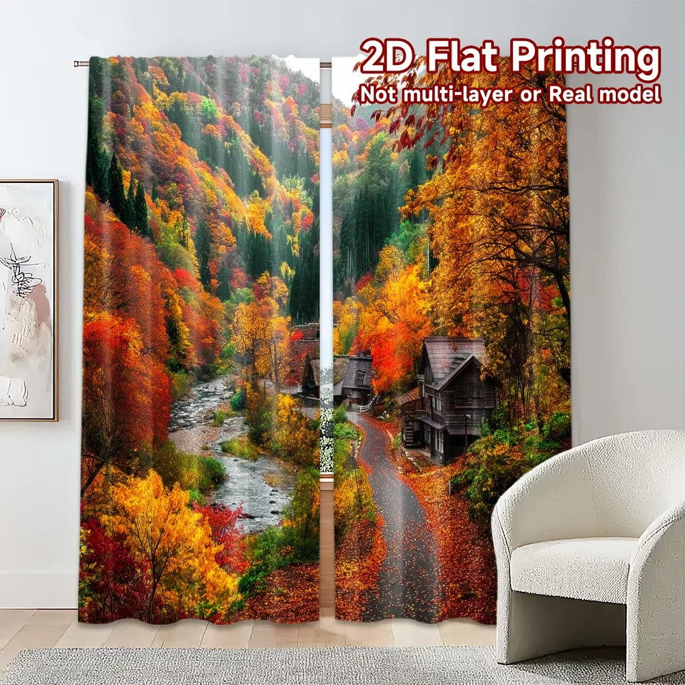 2pcs Autumn Forest Curtains Fall Nature Scenery River Mountain Window Drapes Rustic Landscape Decor Living Room Bedroom