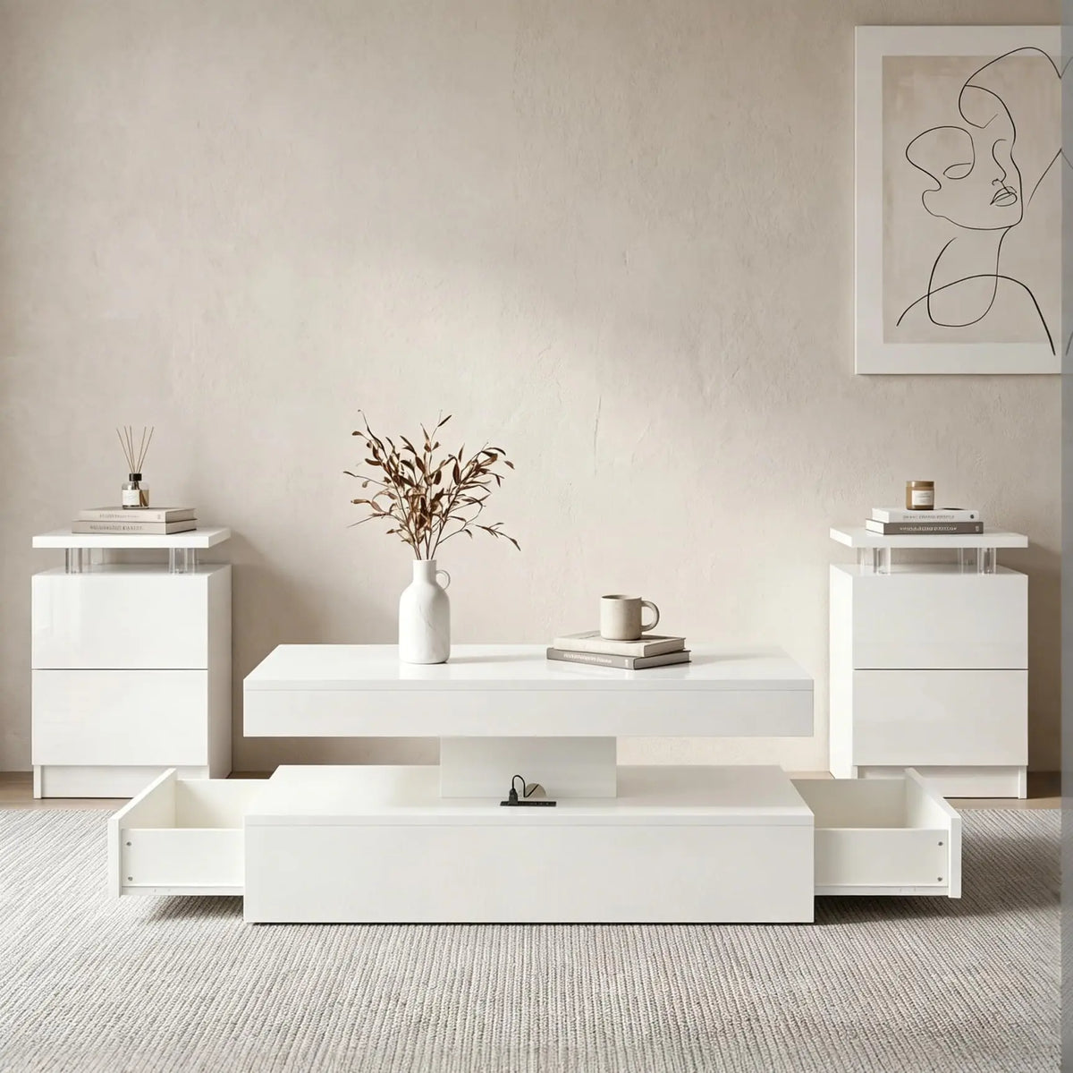 3-Piece Modern Living Room Table Set, Includes 47" LED Coffee Table and 15" End Tables Set of 2 with Storage Drawers