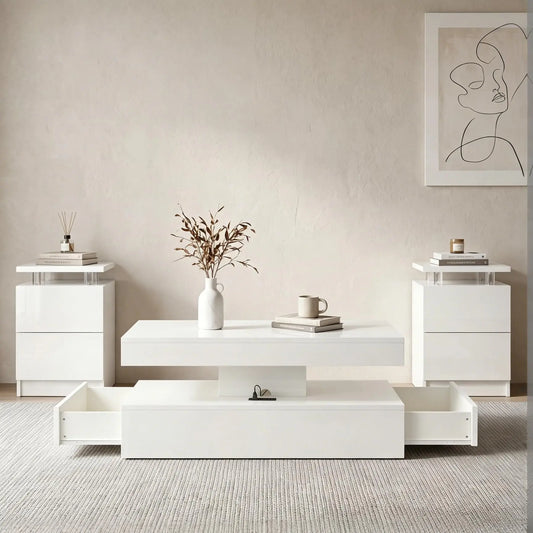 3-Piece Modern Living Room Table Set, Includes 47" LED Coffee Table and 15" End Tables Set of 2 with Storage Drawers