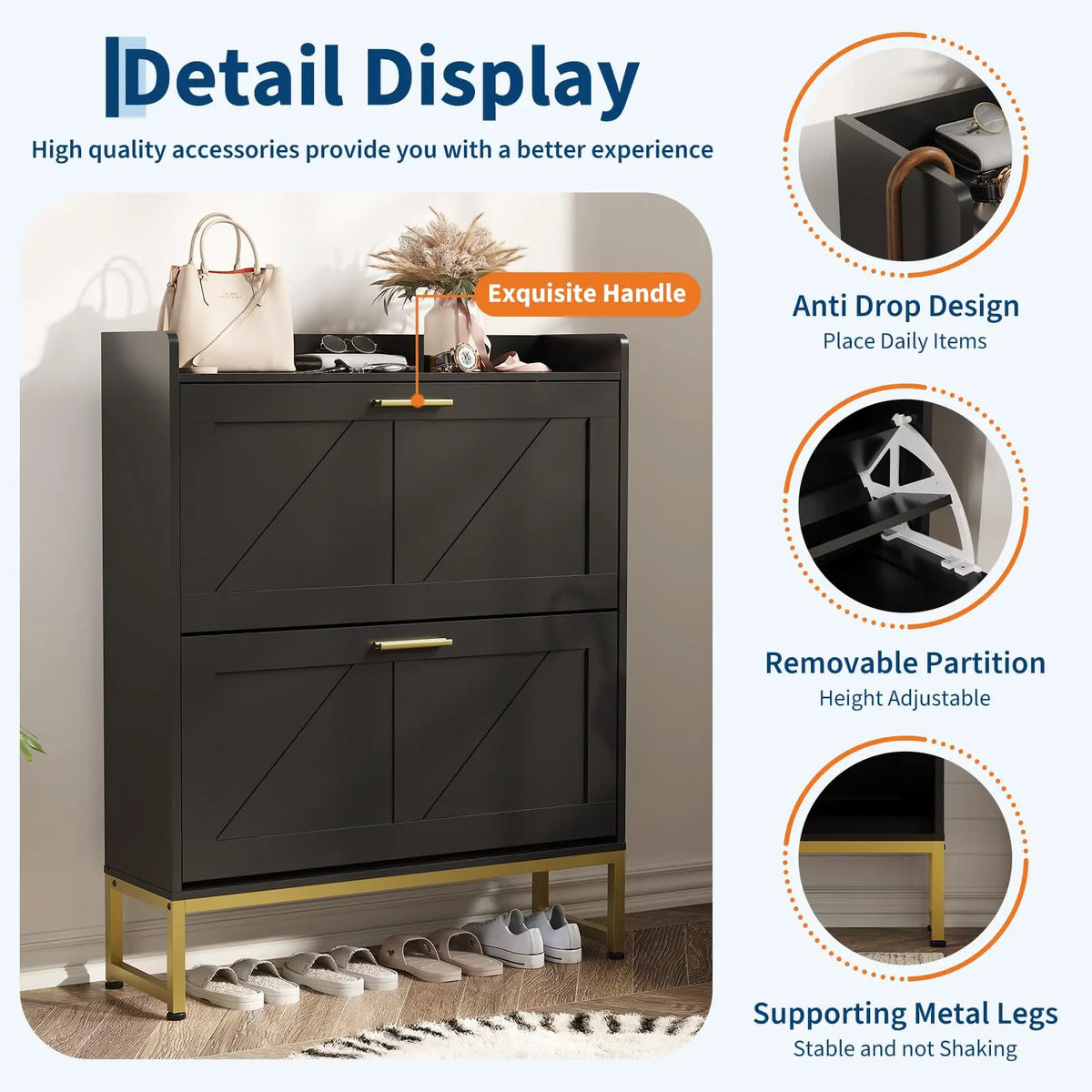 Narrow Shoe Cabinet For Entryway With 2-Tier Flip Drawers, Adjustable Shelves, Dustproof Back Panel, Freestanding Organizer