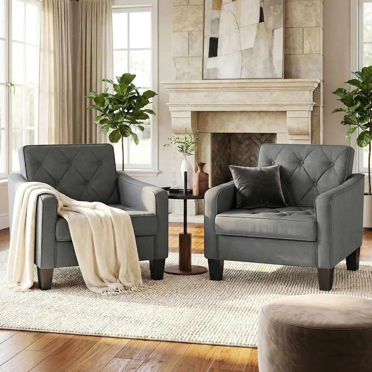 Grey Accent Chairs Set of 2, Wide Comfy Arm Chairs for Living Room, Office |  Tufted Club Chair, Reading Chairs for, Customized