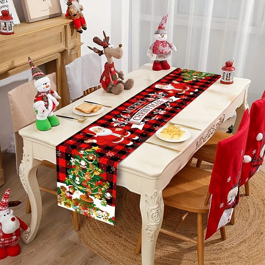 2D‑Printed Santa Red‑Black Buffalo Plaid Table Runner, Decor for Dining Table, Coffee‑Table, Gatherings, Indoor‑Outdoor Parties