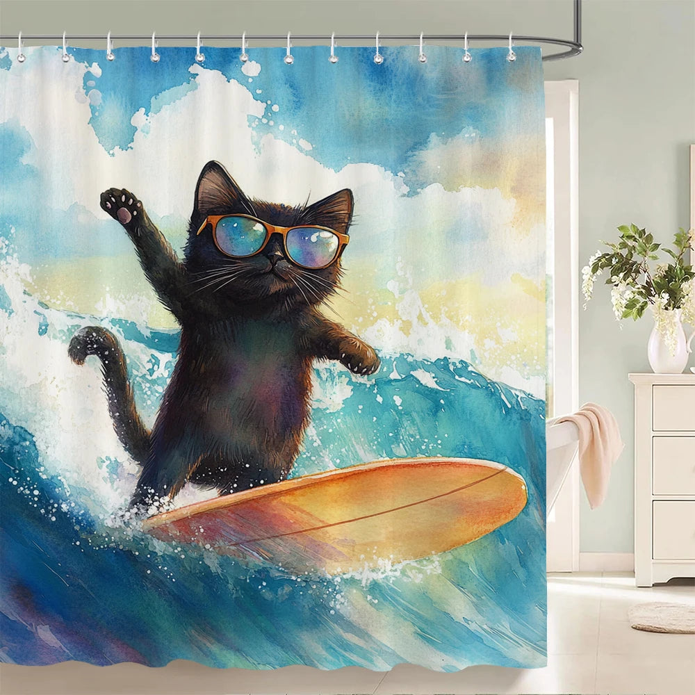 Funny Cat and Dog Shower Curtain Animal Beach Printed Shower Curtain Bathroom Bath Curtain Home Decor Curtain With Hooks