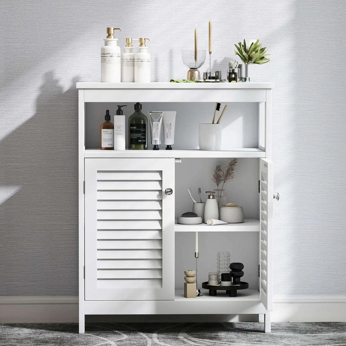 Bathroom Storage Cabinet White Waterproof Wooden Freestanding Cabinet with Removable Shelf Shutter Doors for Home Hotel
