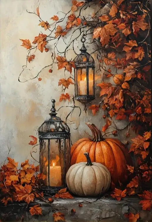 Halloween with Maple Leaves Pumpkin Candlelight Poster Prints Autumn Scenery Canvas Painting Wall Art Picture Holiday Home Decor