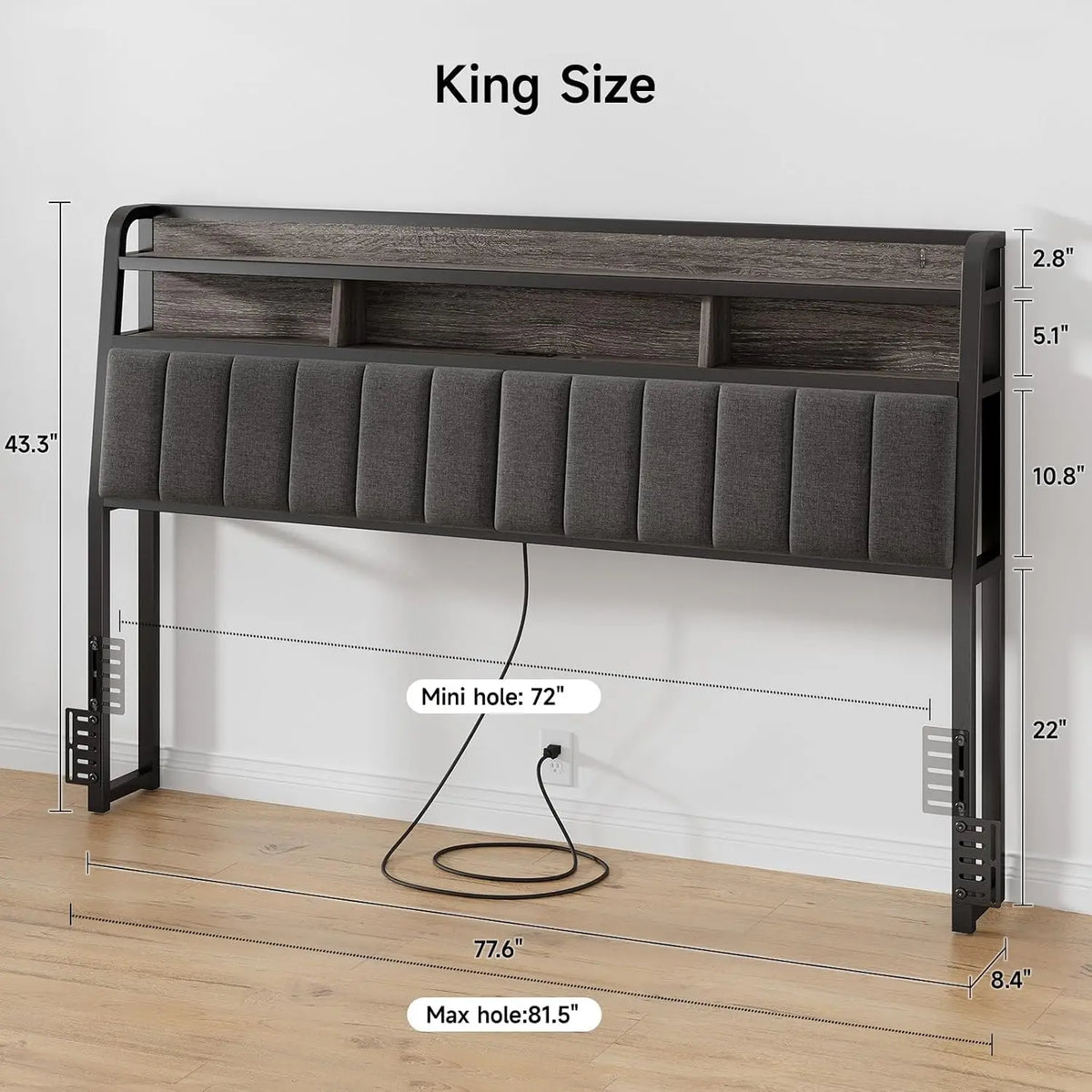 ONBRILL King Size Upholstered Headboard with Storage, RGB LED Lights and Charging Station, Black & Gray Linen Padded Headboard for Bedroom