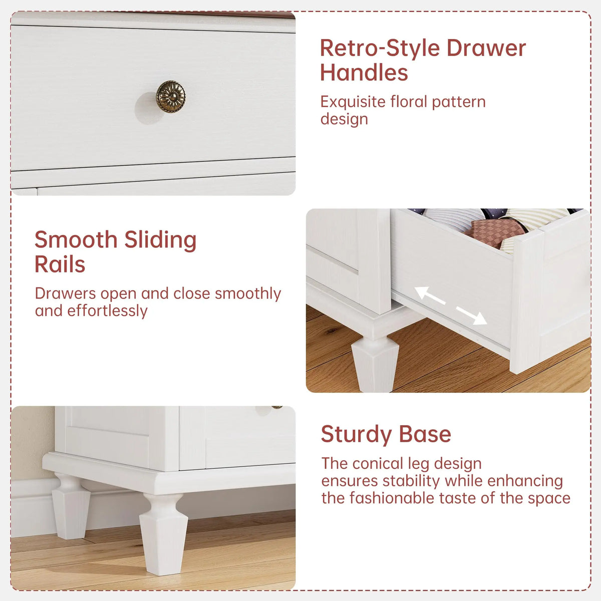 47 Inch 6 Drawer Dresser For Bedroom, Vintage White Chest Of Drawers With Carved Metal Handles, Tapered Legs & Large Storage