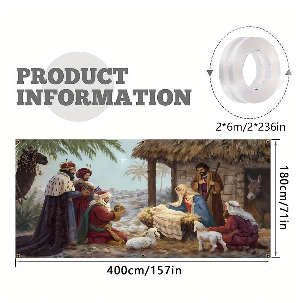2D flat Christmas garage door banner, polyester, Jesus manger, Jesus' birth, suitable for winter festival decoration