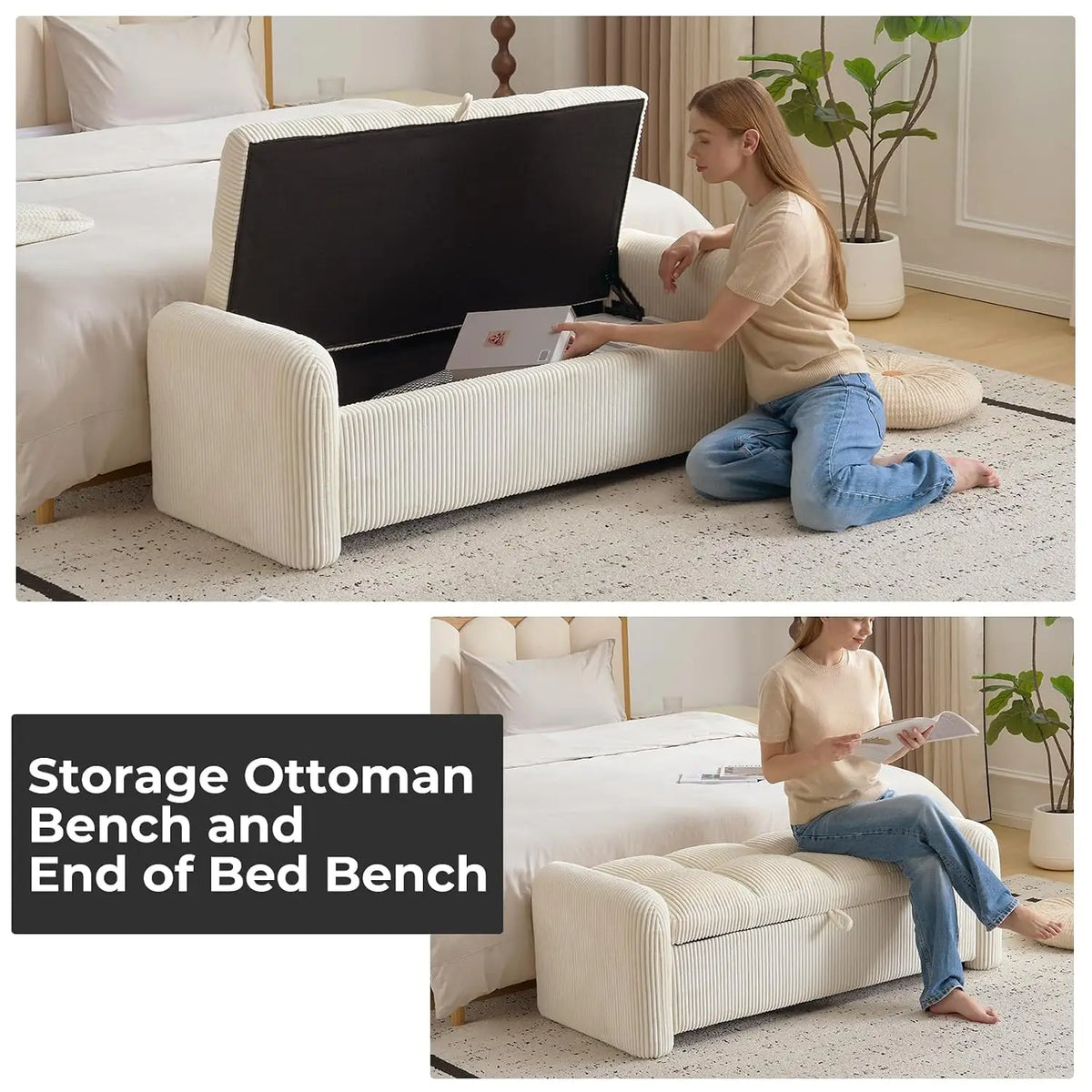 Oversized Corduroy Storage Ottoman Bench, Upholstered End of Bed & Living Room Foot Rest, Beige, Customized