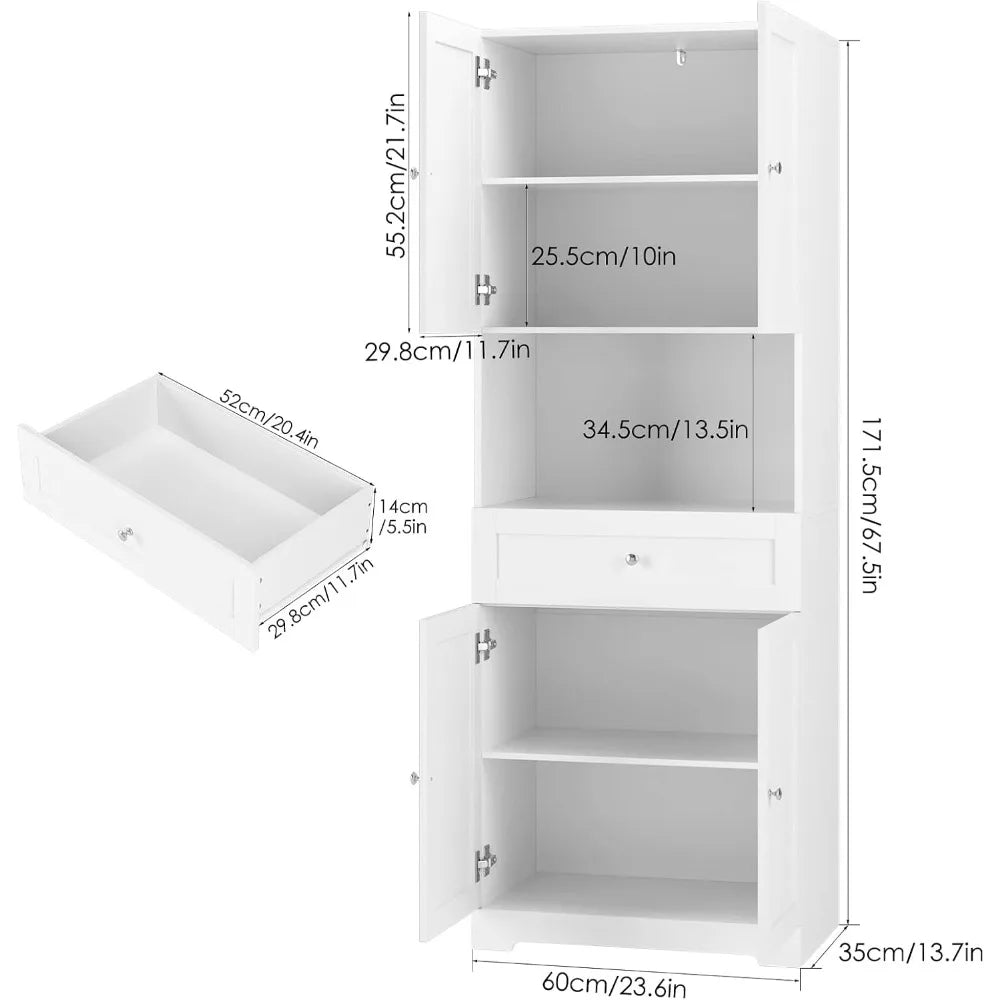 Tall Bathroom Storage Cabinet with Drawer, Modern Linen Cabinet, White
