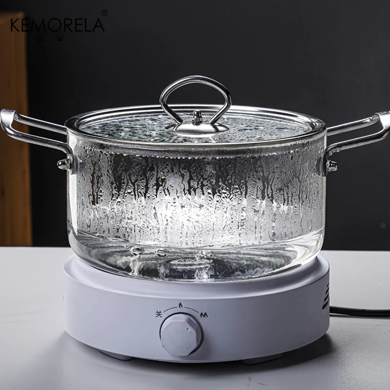 KEMORELA 1PCS Glass Cooking Pot 2.5L/3.5L Heat Resistant Simmer Pot Dual Handles Pots with Pot Lid Borosilicate Glass Cookware