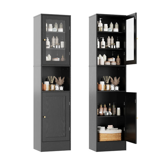 67" Tall Slim Bathroom Storage Cabinet with Glass Doors Adjustable Shelves & Anti-Tip Kit – Space-Saving Linen Tower for Bath, Kitchen or Laundry Room (Gray Wood Grain/Black/White)
