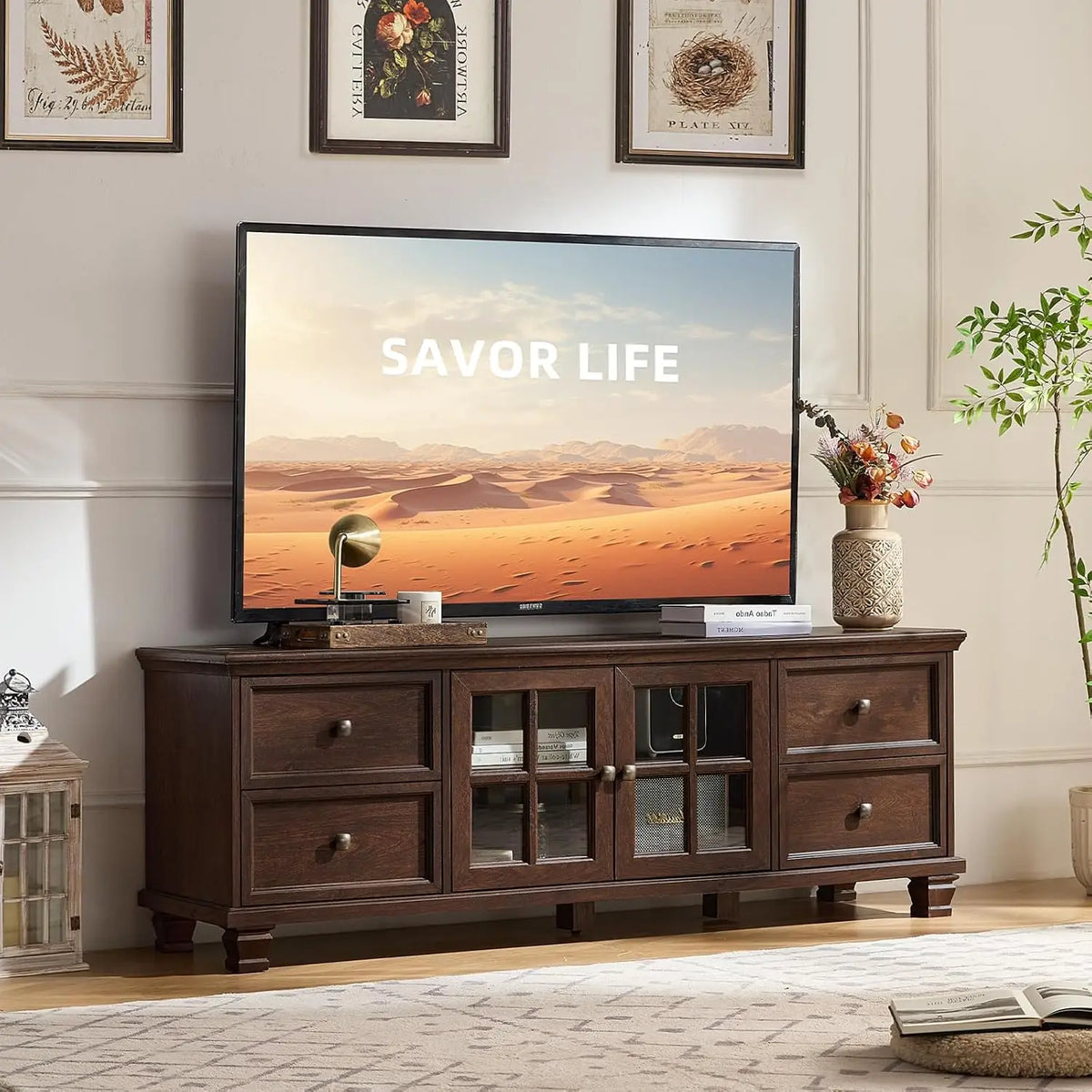Farmhouse TV Stand with Glass Doors for Living Room, Walnut, Customized
