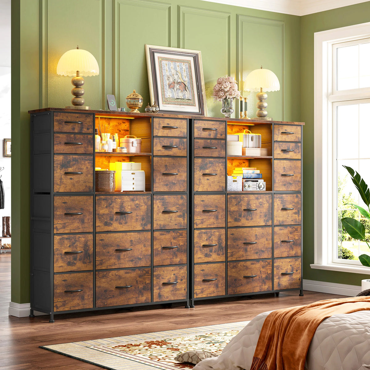 EnHomee 51" Tall Storage Organizer – 15 Fabric Drawers, Charging Station & LED, Hutch & Wood Top – Versatile Dresser for Bedroom, Living Room, or Multi-Room