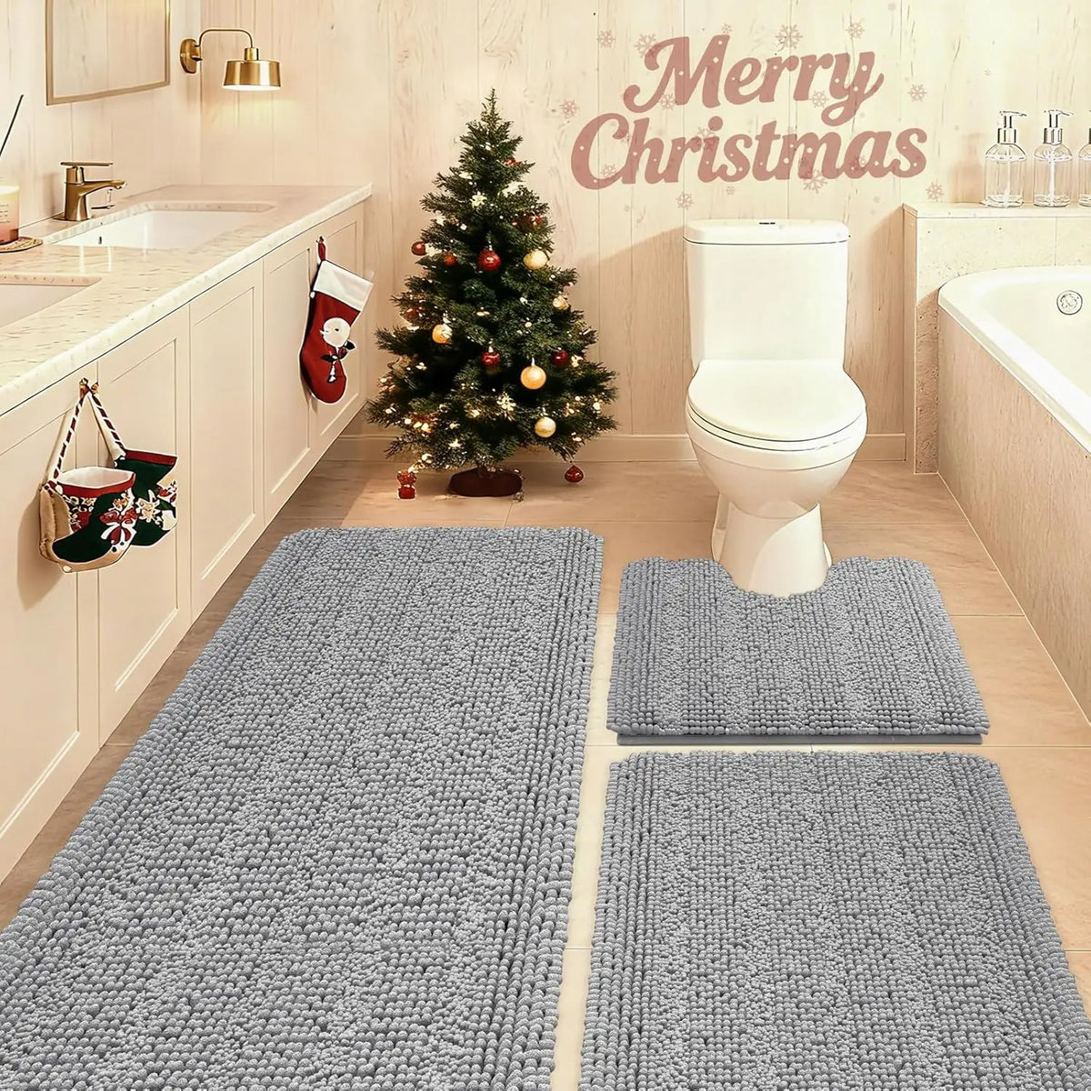 Absorbent Bathroom Rugs Set Non Slip 3 Piece Bath Mat Washable Chenille Bath Rugs Bath Tub Carpet Bathroom Mats with Toilet Rug