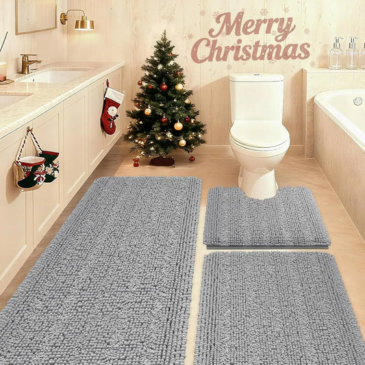 Absorbent Bathroom Rugs Set Non Slip 3 Piece Bath Mat Washable Chenille Bath Rugs Bath Tub Carpet Bathroom Mats with Toilet Rug