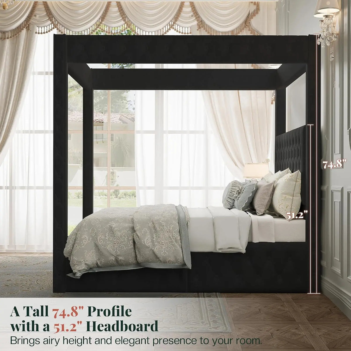 King Canopy Bed Frame Velvet Upholstered Deep-tufted Headboard 74.8" Tall Four Poster USB-A & USB-C Outlets No Box Spring 45-Min