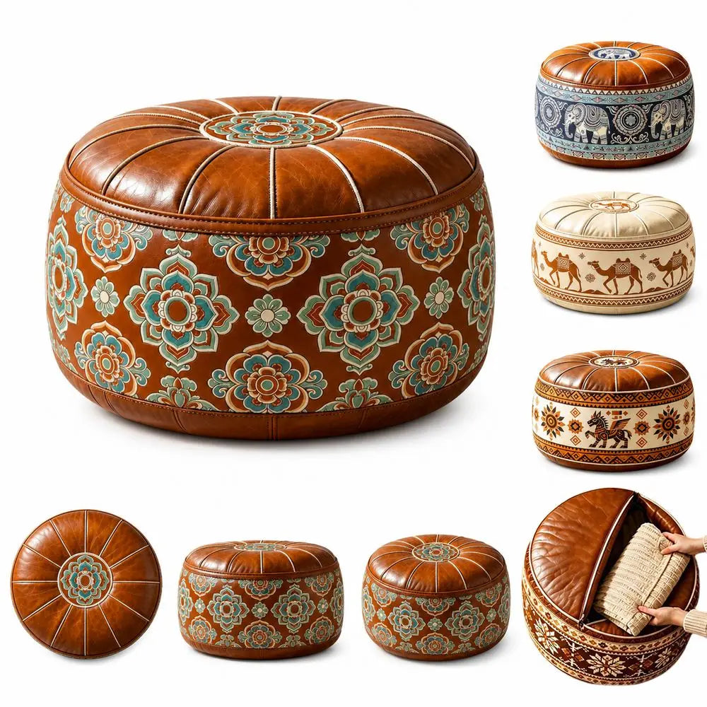 New PU Leather Fillable Ottoman Pouf Embroidered Pattern Moroccan Style Storage Ottoman Round Shape Round Pouf Cover Living Room