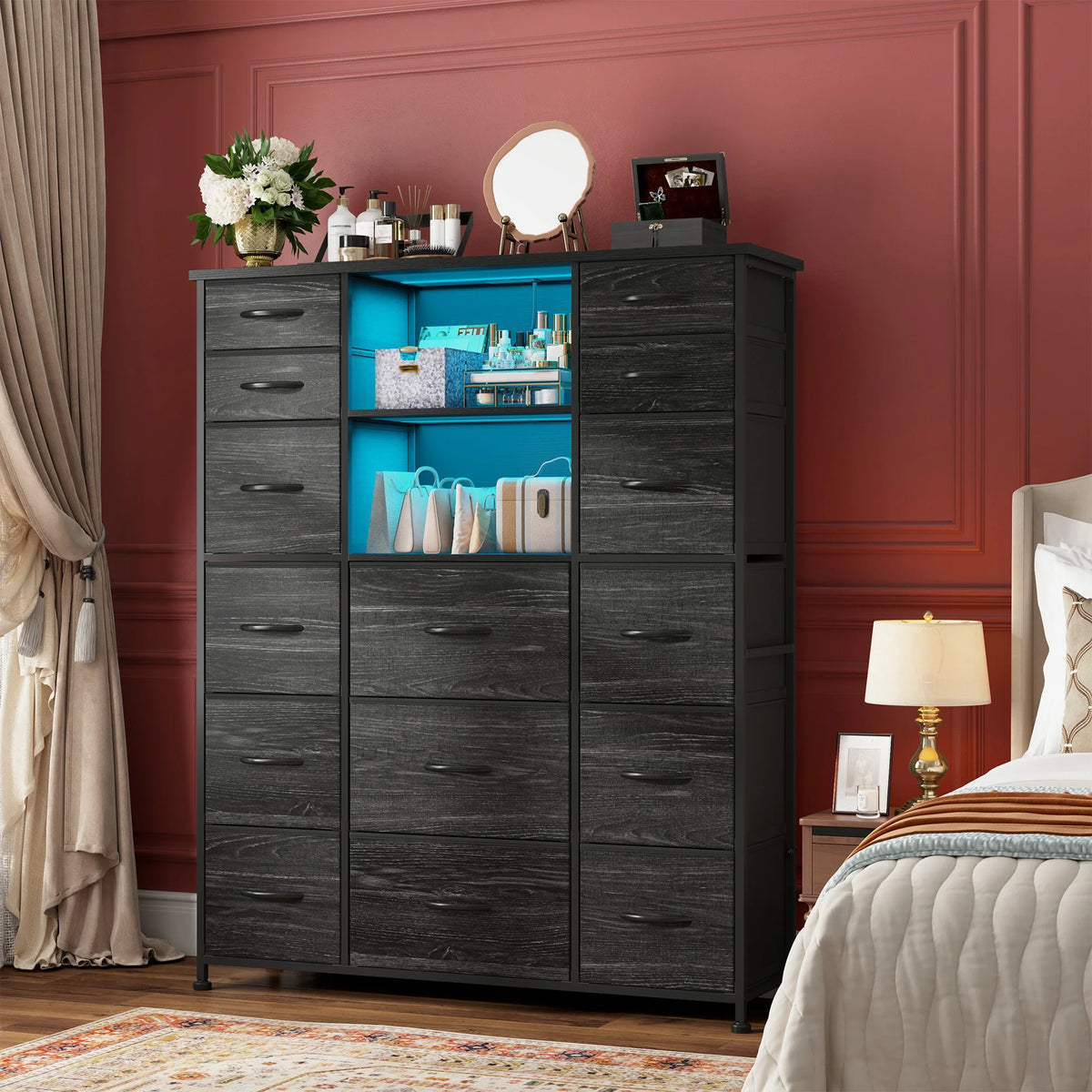 EnHomee 51" Tall Storage Organizer – 15 Fabric Drawers, Charging Station & LED, Hutch & Wood Top – Versatile Dresser for Bedroom, Living Room, or Multi-Room