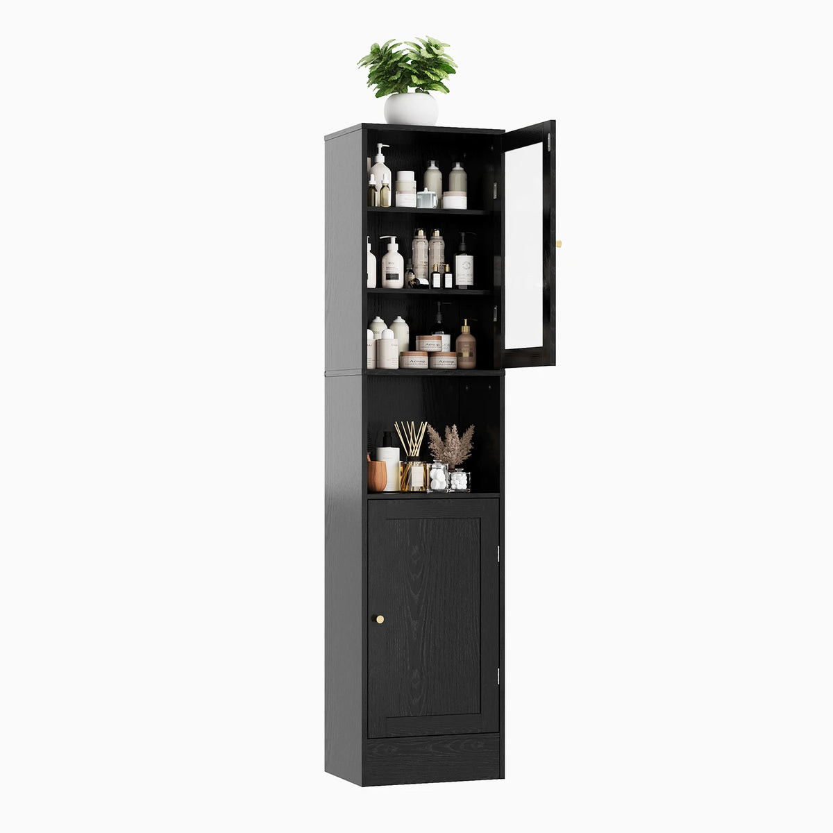 67" Tall Slim Bathroom Storage Cabinet with Glass Doors Adjustable Shelves & Anti-Tip Kit – Space-Saving Linen Tower for Bath, Kitchen or Laundry Room (Gray Wood Grain/Black/White)