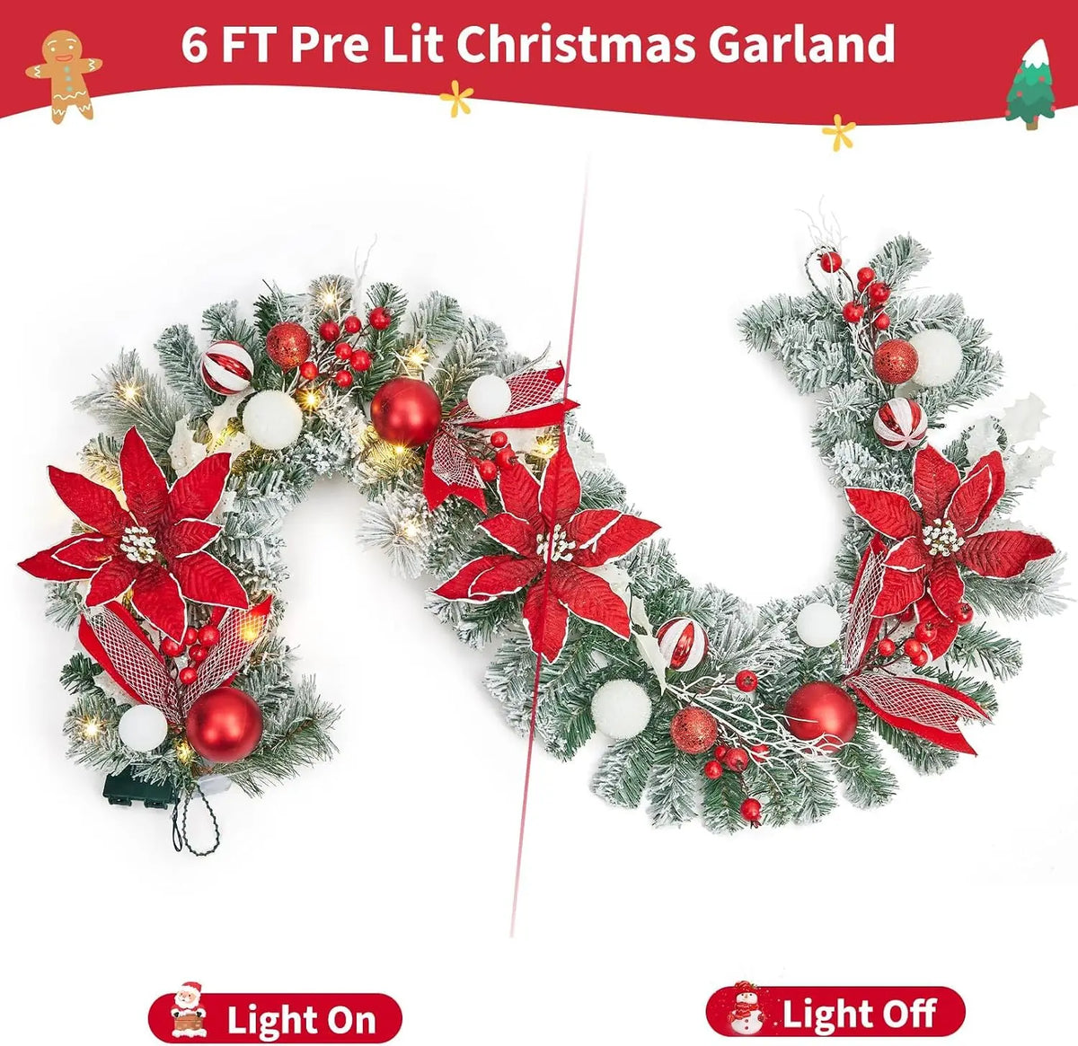 Garvee 6FT Christmas Garland Rattan Wreath Great for Christmas, Winter and New Year Decoration For Table Wall Fireplace Stair Christmas Decor with Lights, Red Twig Pine Decor, 8 Lighting Modes