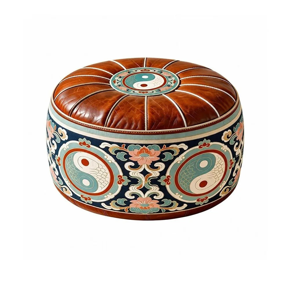 New PU Leather Fillable Ottoman Pouf Embroidered Pattern Moroccan Style Storage Ottoman Round Shape Round Pouf Cover Living Room