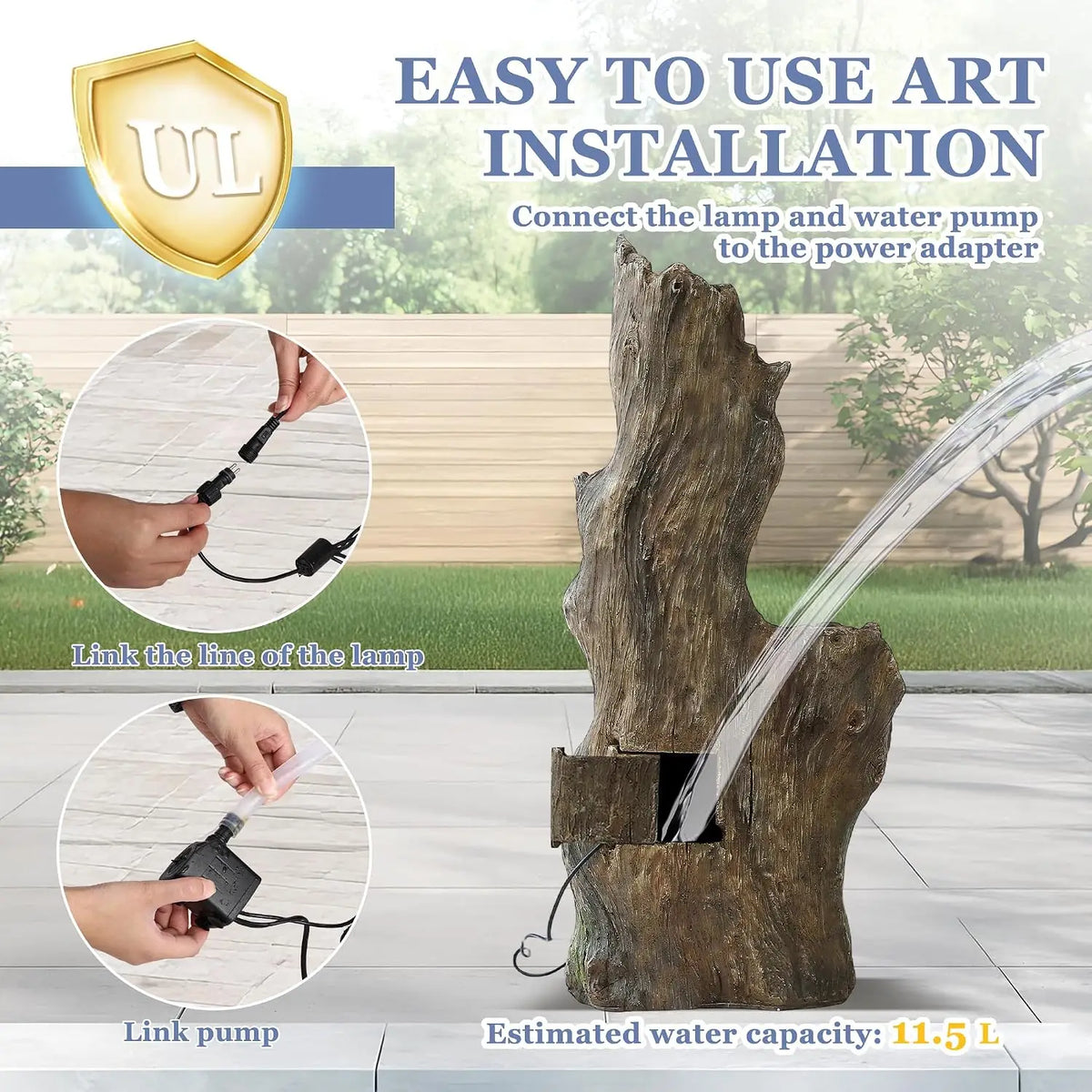 Cascading 6 Tiers Water Fountain Outside 5 LED Lights 40 H Large Garden Yard Deck Decor Natural Tree Trunk Look