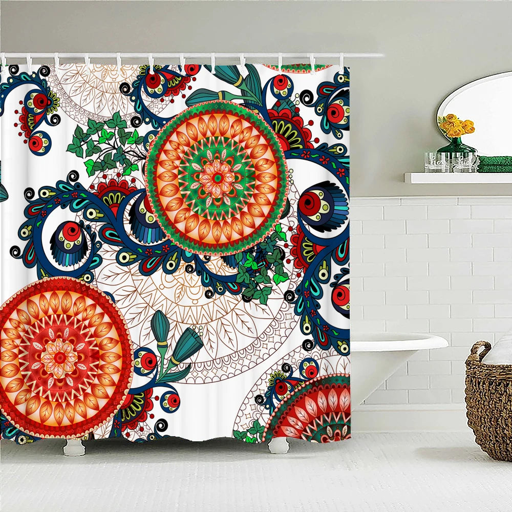 Bohemian Beach Fabric Shower Curtain Bathroom Curtains Indian Mandala Flower Waterproof Fabric Bath Screen with 12 Hooks