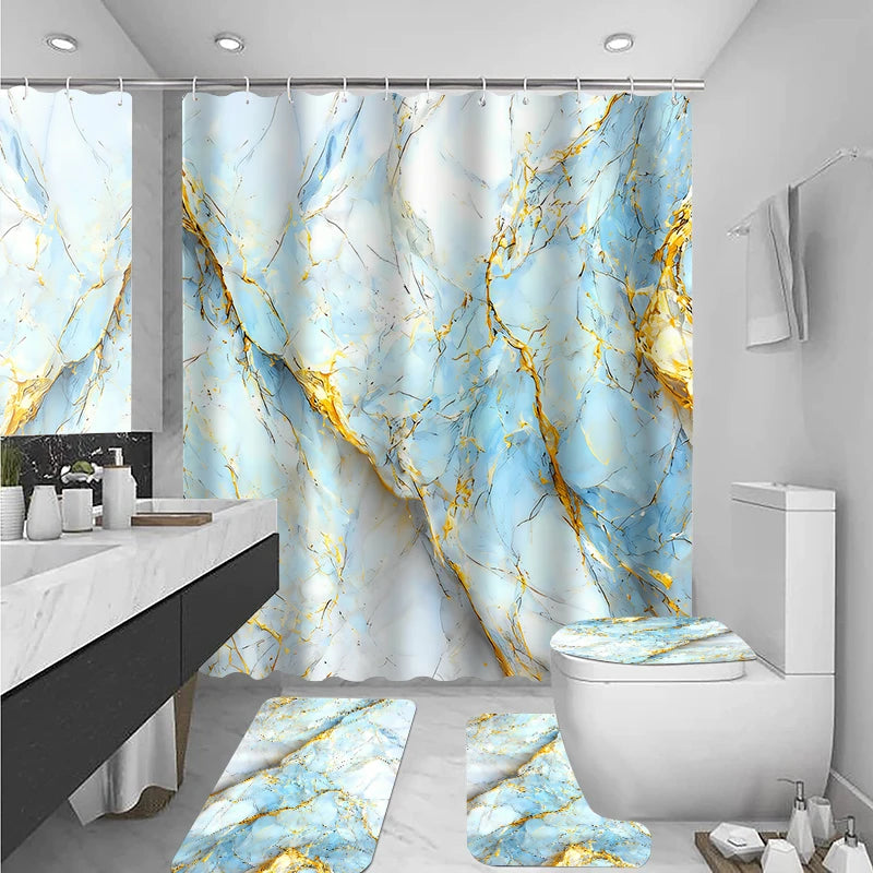 4-piece marble pattern shower curtain set, toilet seat decoration, shower curtain with carpet and toilet lid, 12 70.8x70.8 inch
