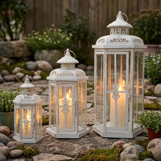 Set of 3 Decorative Candle Lanterns 20''&14"&10" H Outdoor Candle Lanterns Vintage Metal Cand leholder for Indoor Outdoor Events