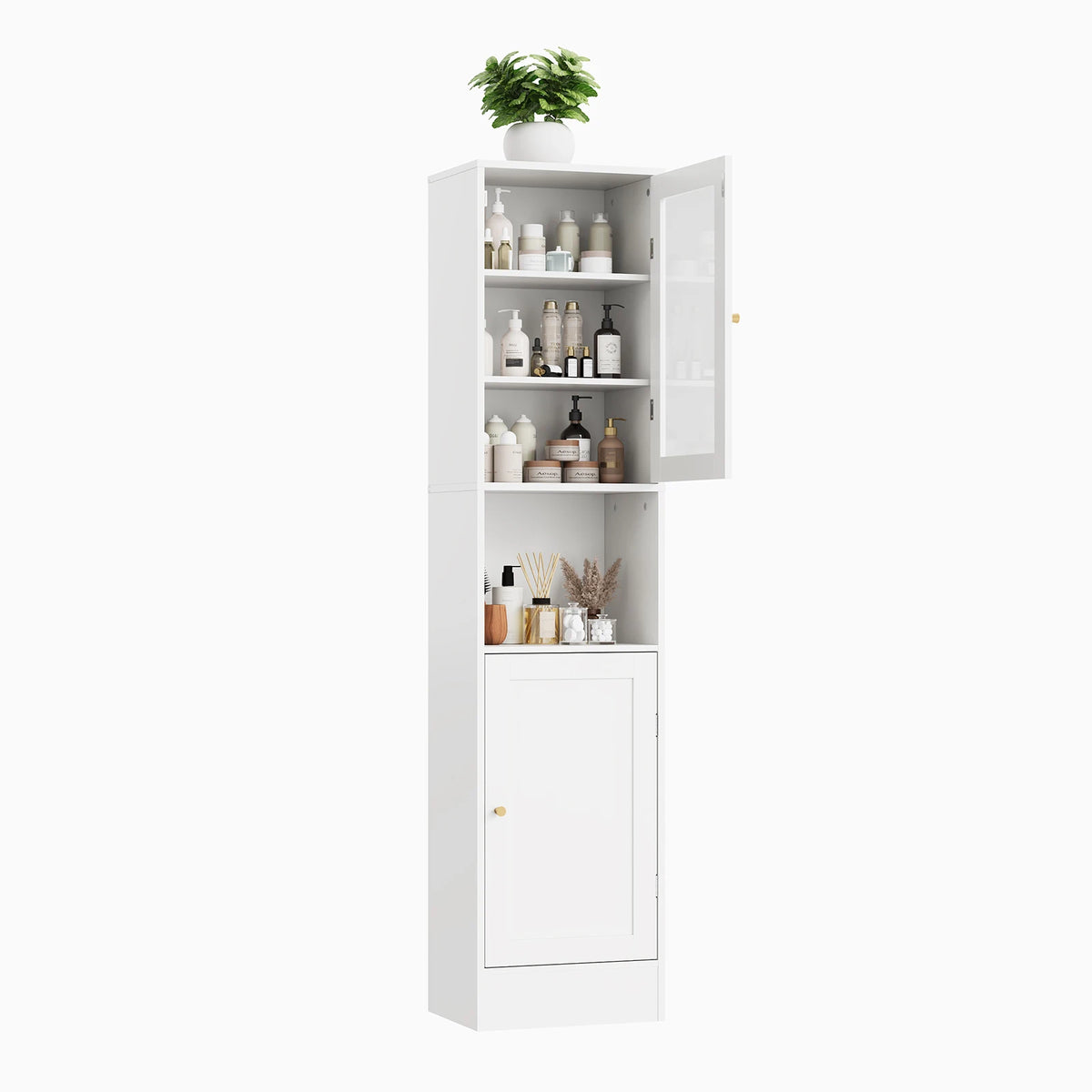 67" Tall Slim Bathroom Storage Cabinet with Glass Doors Adjustable Shelves & Anti-Tip Kit – Space-Saving Linen Tower for Bath, Kitchen or Laundry Room (Gray Wood Grain/Black/White)