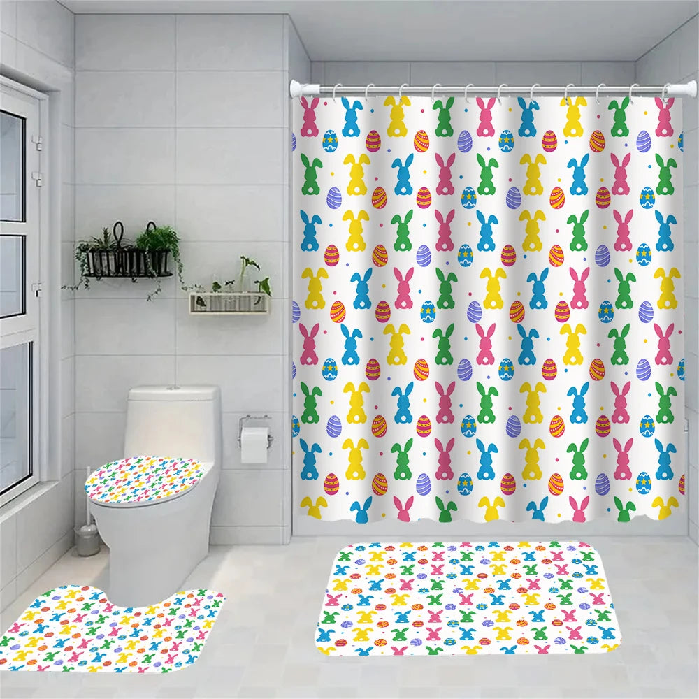 4/1 Easter Bunny shower curtain set, toilet seat decoration, shower curtain with carpet and toilet lid, size 70.8x70.8 in