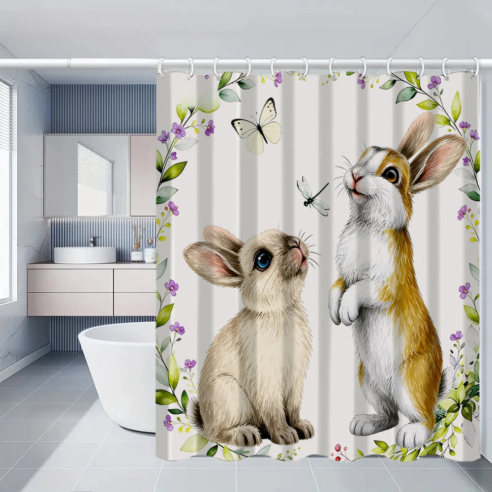 4/1 Easter Bunny shower curtain set, toilet seat decoration, shower curtain with carpet and toilet lid, size 70.8x70.8 in