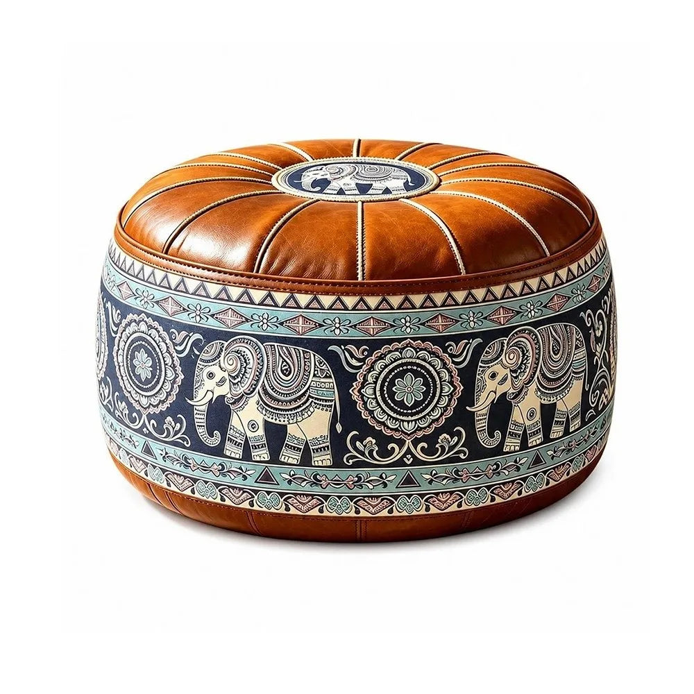 New PU Leather Fillable Ottoman Pouf Embroidered Pattern Moroccan Style Storage Ottoman Round Shape Round Pouf Cover Living Room