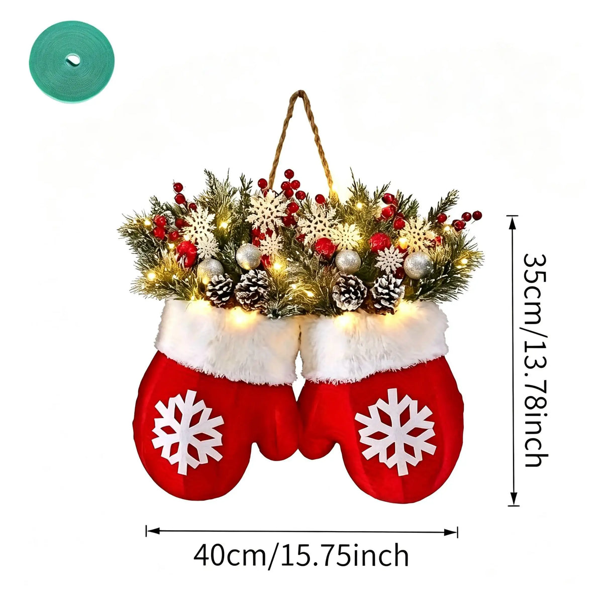 LED Twinkling Christmas Wreath with Twinkling & Artificial Pine Garland - Suitable for Front Door, Wall Decor, / Holiday Decoration - Plastic Mitten Wreath with Red Berries and Pine Branches