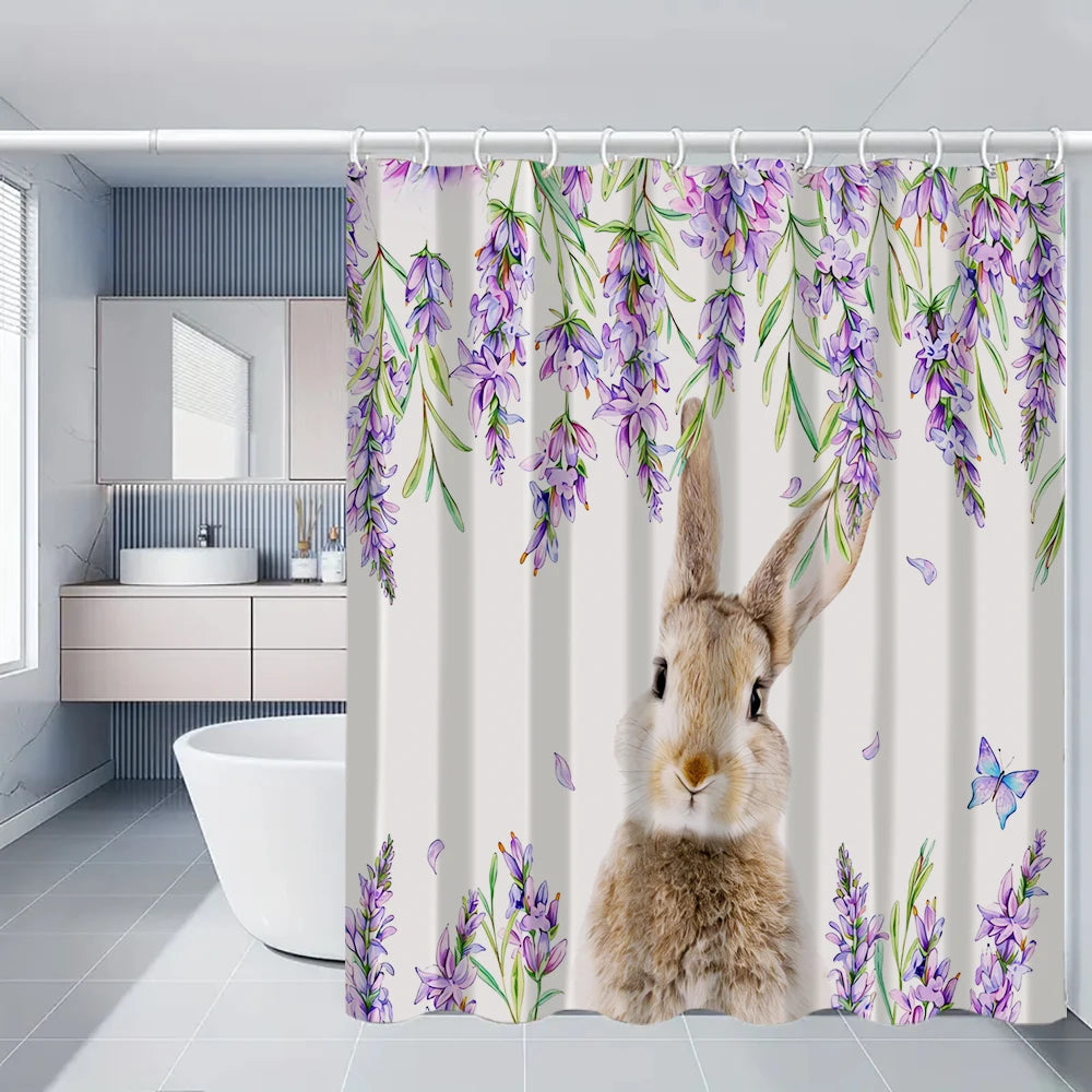 4/1 Easter Bunny shower curtain set, toilet seat decoration, shower curtain with carpet and toilet lid, size 70.8x70.8 in