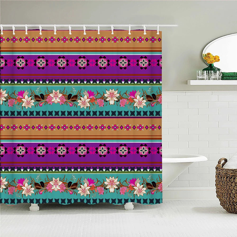 Bohemian Beach Fabric Shower Curtain Bathroom Curtains Indian Mandala Flower Waterproof Fabric Bath Screen with 12 Hooks