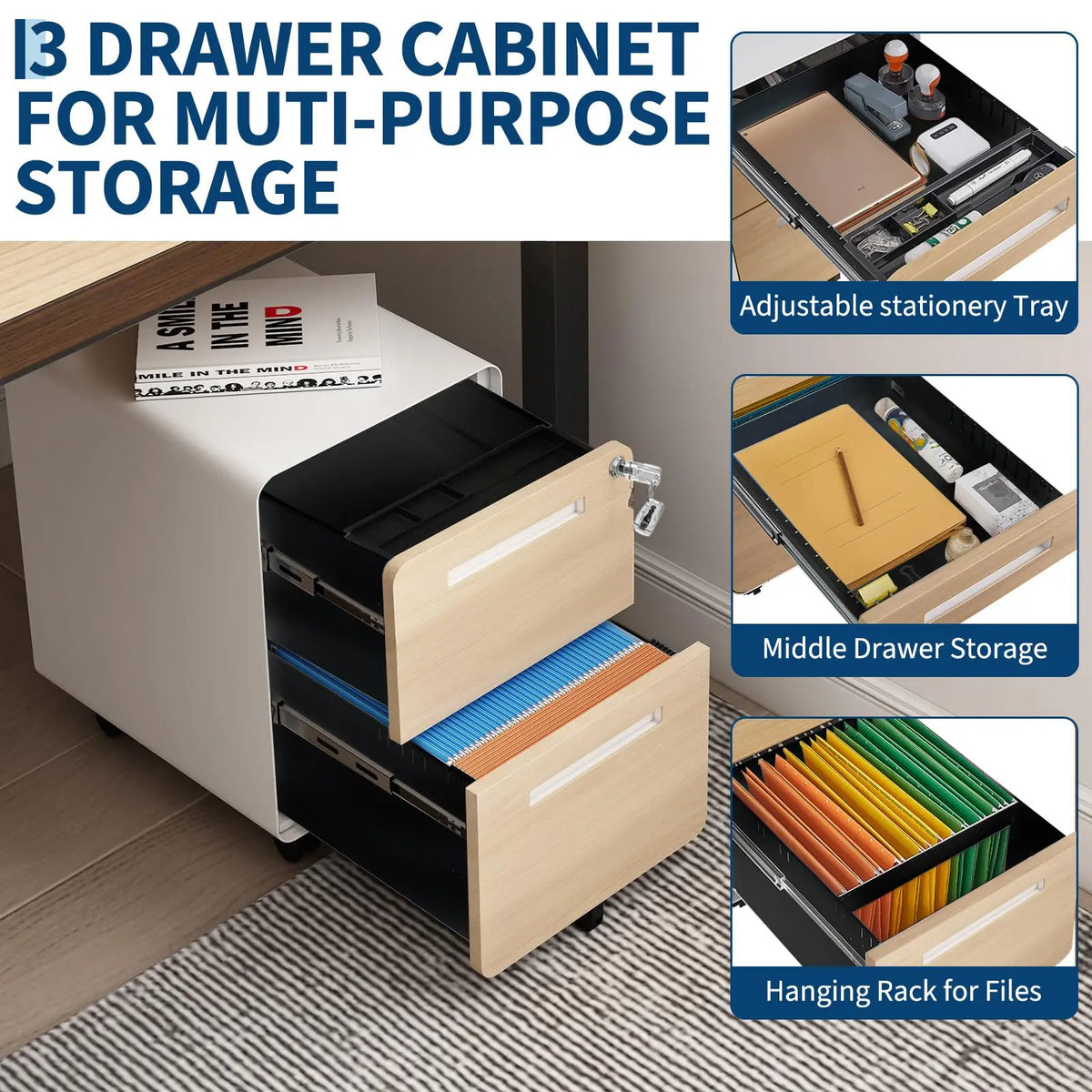 2 Drawer Mobile File Cabinet With Lock, Rolling Metal Under Desk Filing Cabinet For Letter Legal A4, Fully Assembled