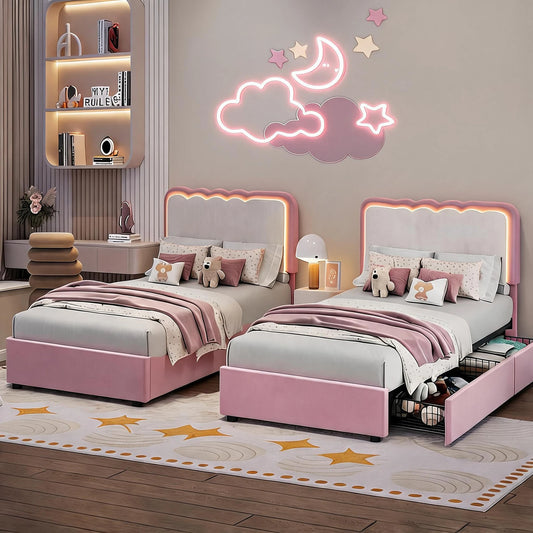 Twin Upholstered LED Bed Frame With 2 Storage Drawers, Adjustable Velvet Headboard, Platform Bed For Kids, No Box Spring Needed